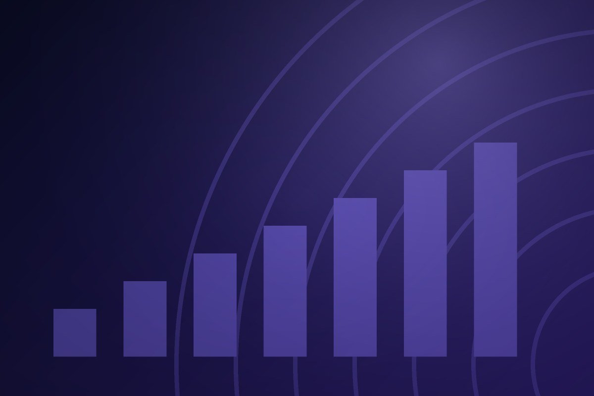 Abstract violet arcs over a rising bar motif on a deep indigo field, standing in for a manufacturing floor plan.